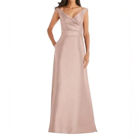ALFRED SUNG D811S OFF THE SHOULDER SATIN TOASTED SUGAR L506 GOWN sz 10 - Picture 1 of 2